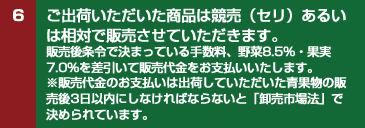 6　ご出荷いただいた商品は競売（セリ）あるいは相対で販売させていただきます。販売後条令で決まっている手数料、野菜8.5％・果実7.0％を差引いて販売代金をお支払いいたします。※販売代金のお支払いは出荷していただいた青果物の販売後3日以内にしなければならないと「卸売市場法」で決められています。